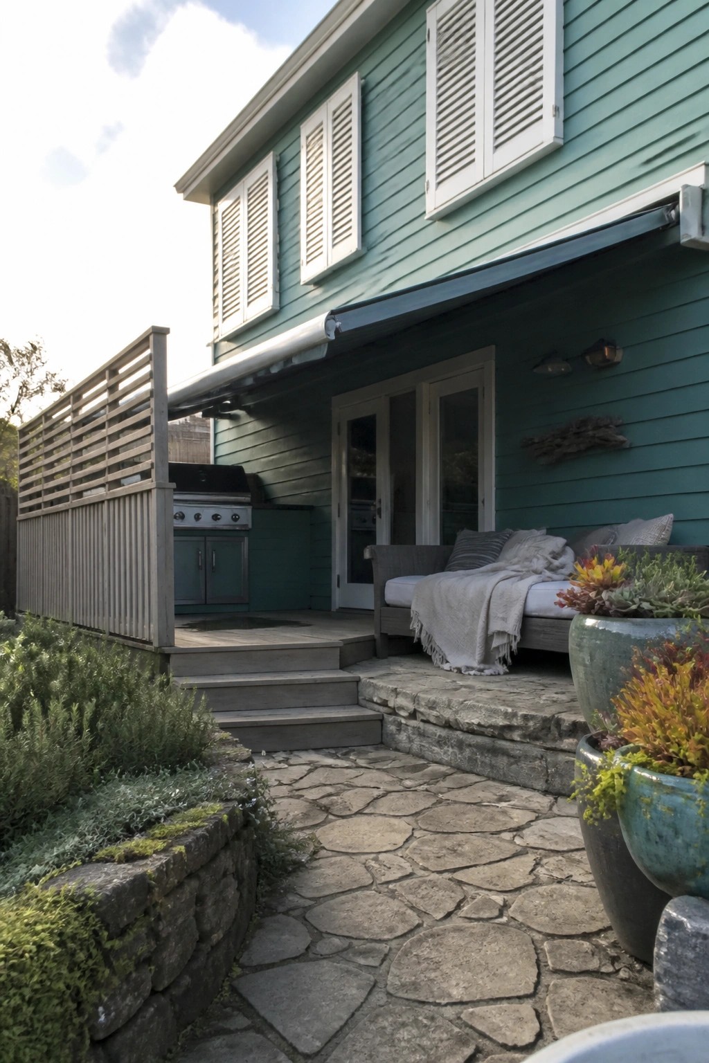 A teal beach house exterior with white shutters, a stone patio holding a daybed, and a flagstone path bordered by large planters.