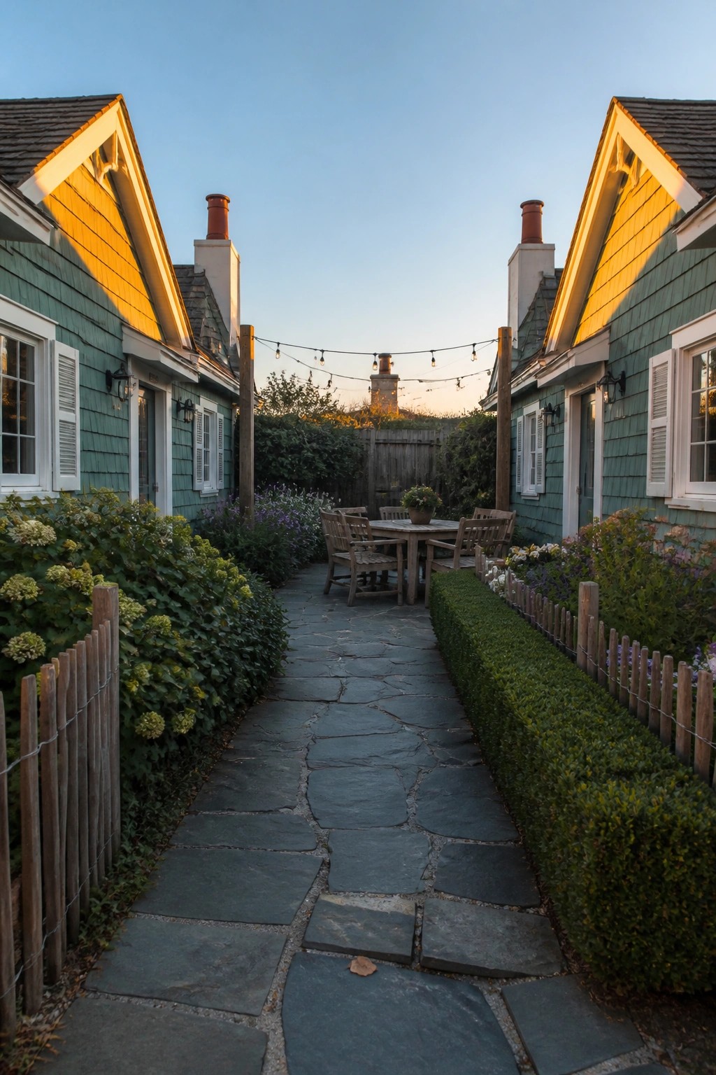 Two teal shingled houses with white shutters face each other across a stone path, with gardens, string lights, and a wooden table and chairs in between.