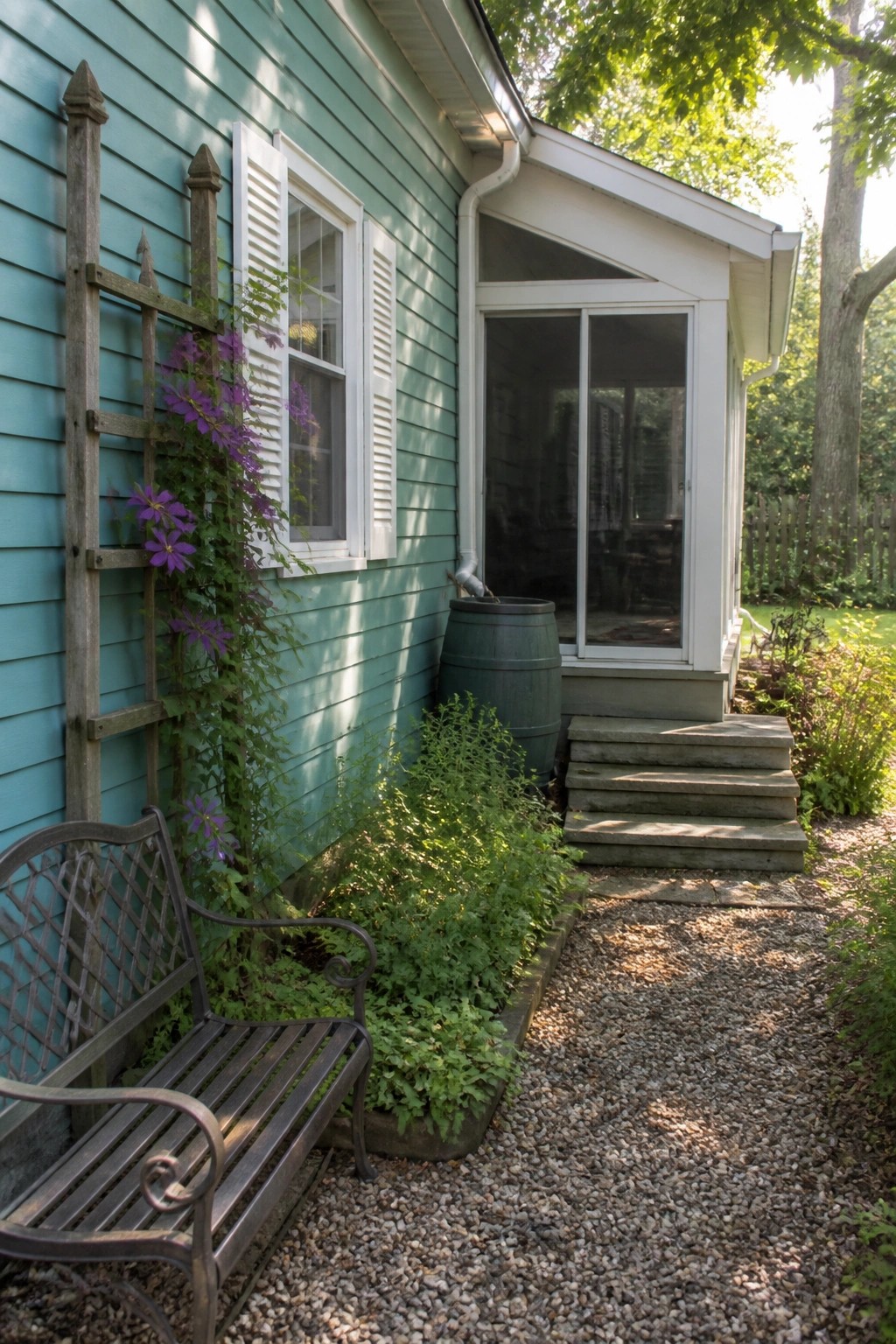 A teal house exterior featuring white shutters, a wooden trellis with purple flowers, a metal bench on gravel, and steps to a screened porch.