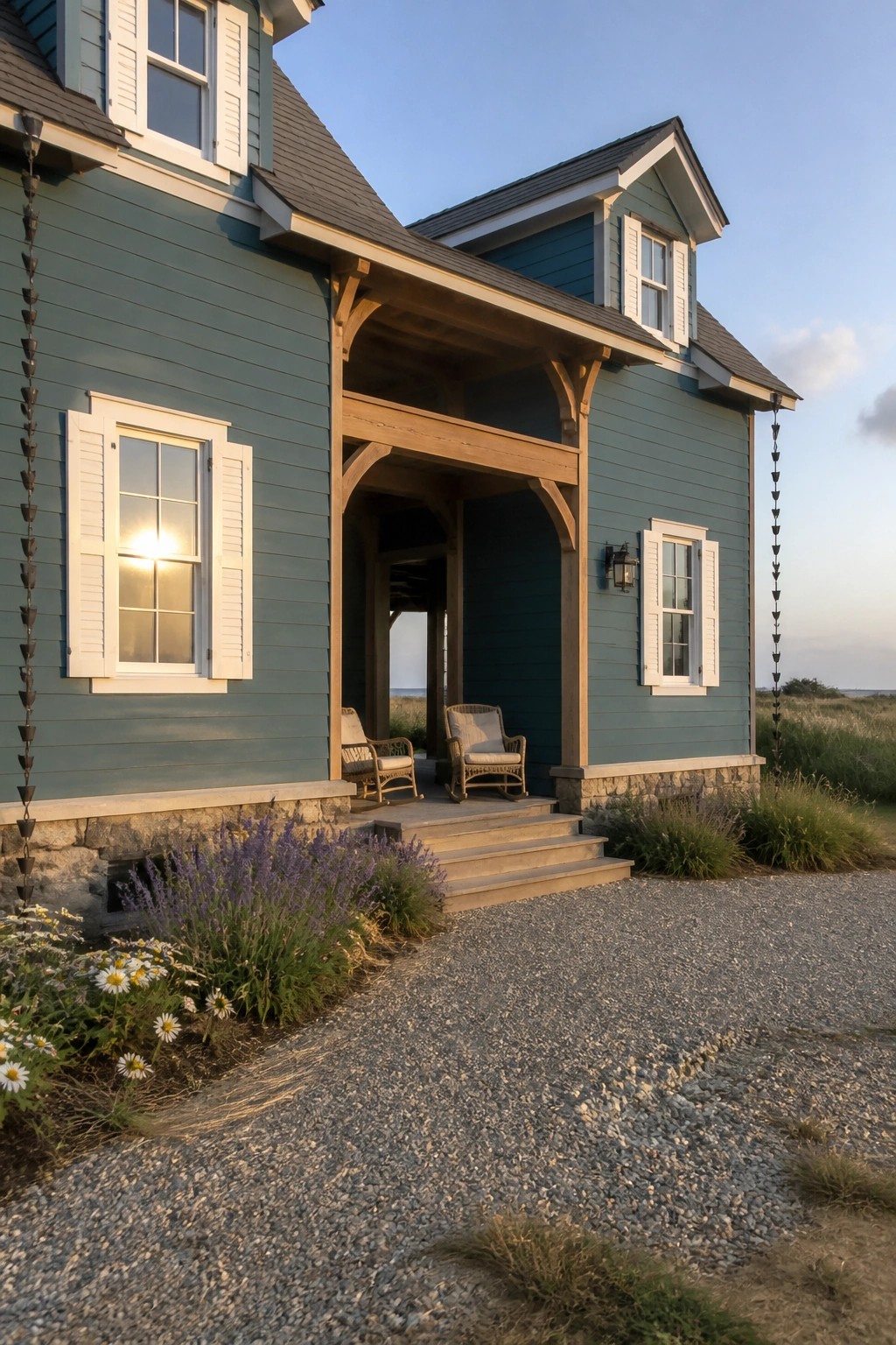 Blue coastal house with wooden porch, rocking chairs, flowers, and gravel path.