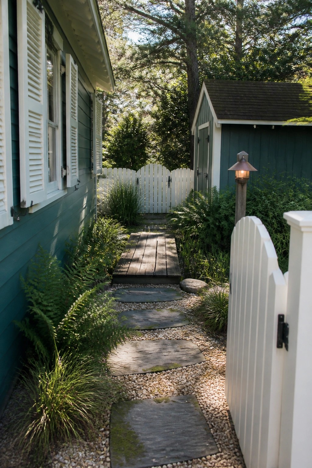 A teal beach house with white shutters stands beside a gravel path lined with stone steps that leads to a white picket gate.