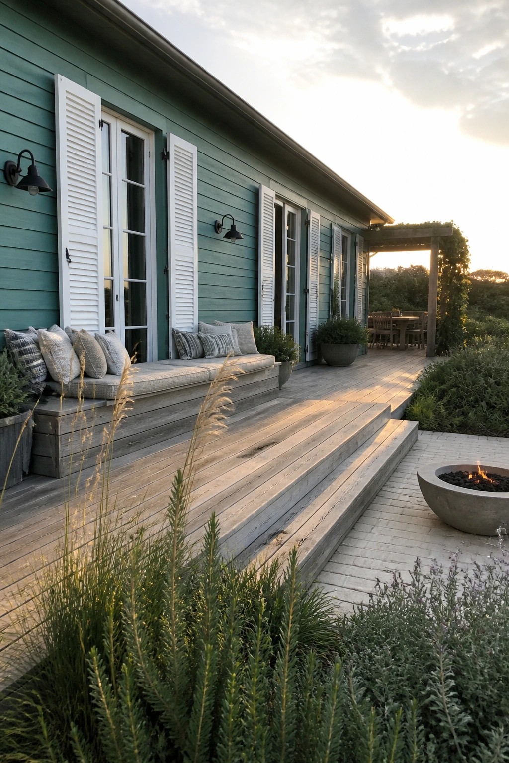 A teal beach house exterior with white shutters features a long wooden deck with built-in bench seating, potted plants, and a concrete fire pit on an adjacent patio.