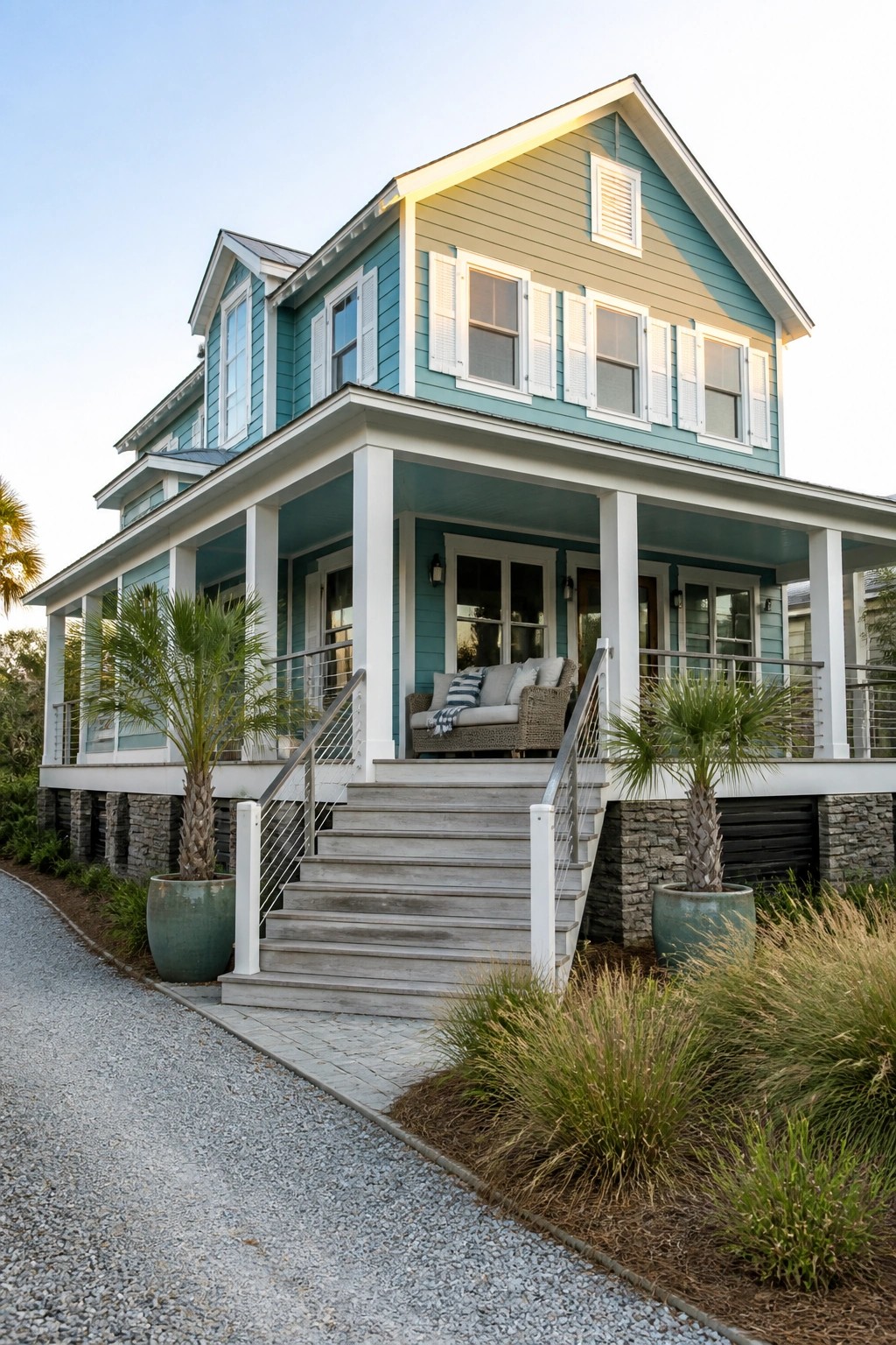 A two-story beach house with teal siding, lighter green gable, white shutters on the windows, a wide front porch with white columns, and gray wooden stairs leading up from a gravel driveway.