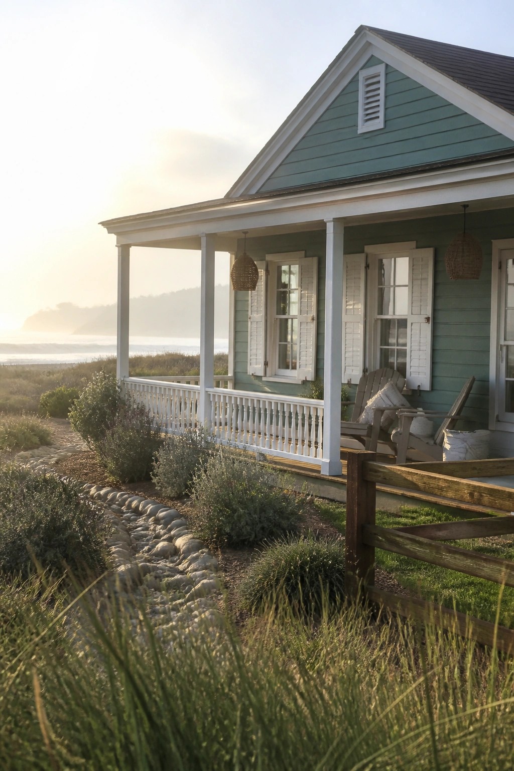 Teal beach cottage with white porch chairs overlooking ocean at sunset