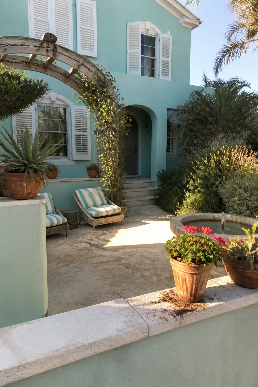 Teal beach house exterior with white shutters, arched doorway, and potted plants in the courtyard.