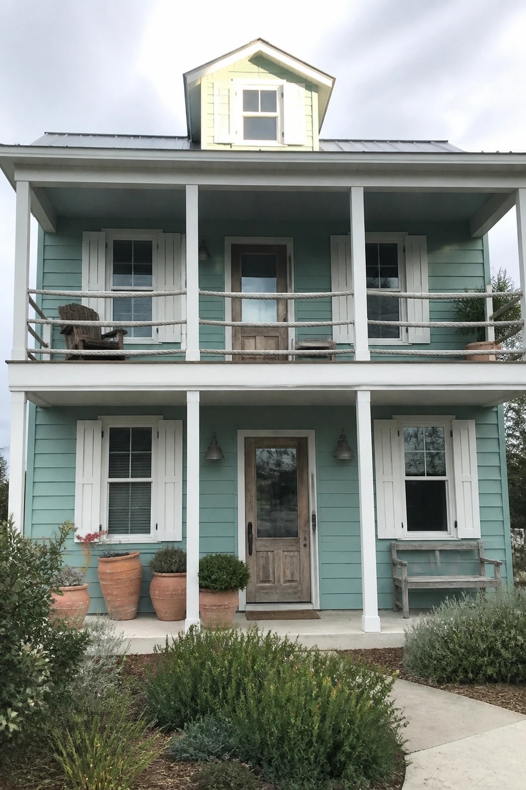 A two-story teal house exterior with white shutters, a wooden front door, a second-floor balcony, and terracotta pots along the porch.