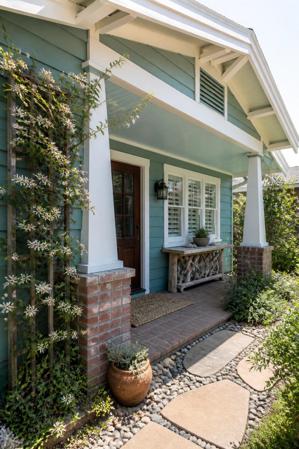 Teal house porch with white trim, brown door, rustic bench, and white flowering vines.