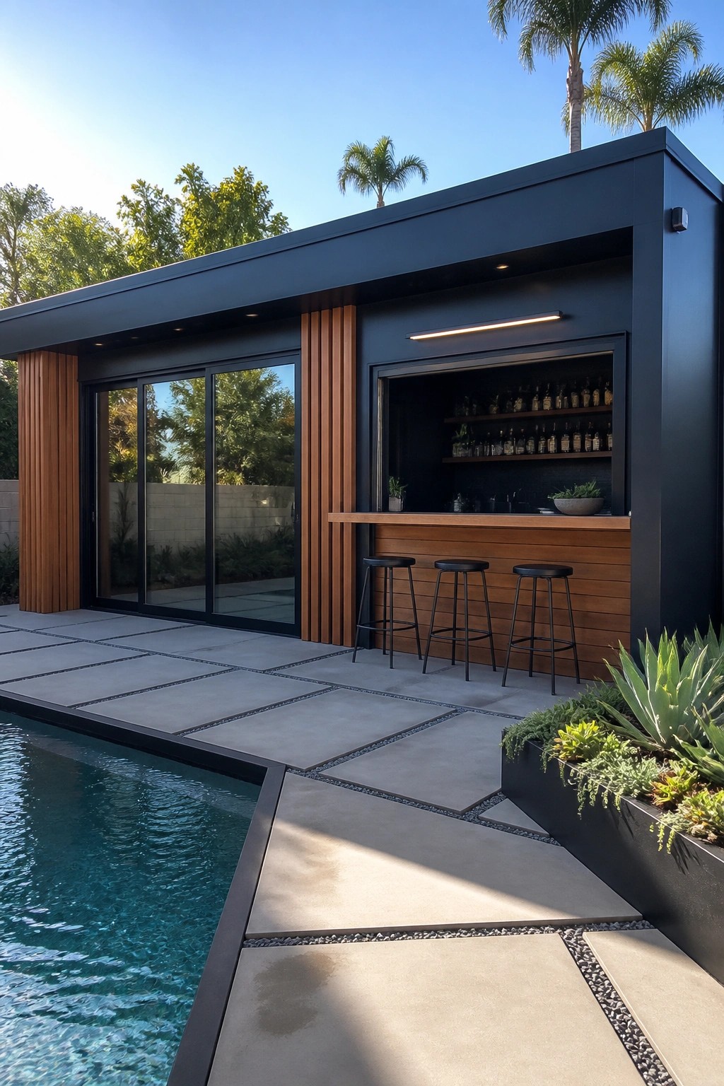 Modern black poolside bar with three stools, wooden accents, and bottle shelves on patio