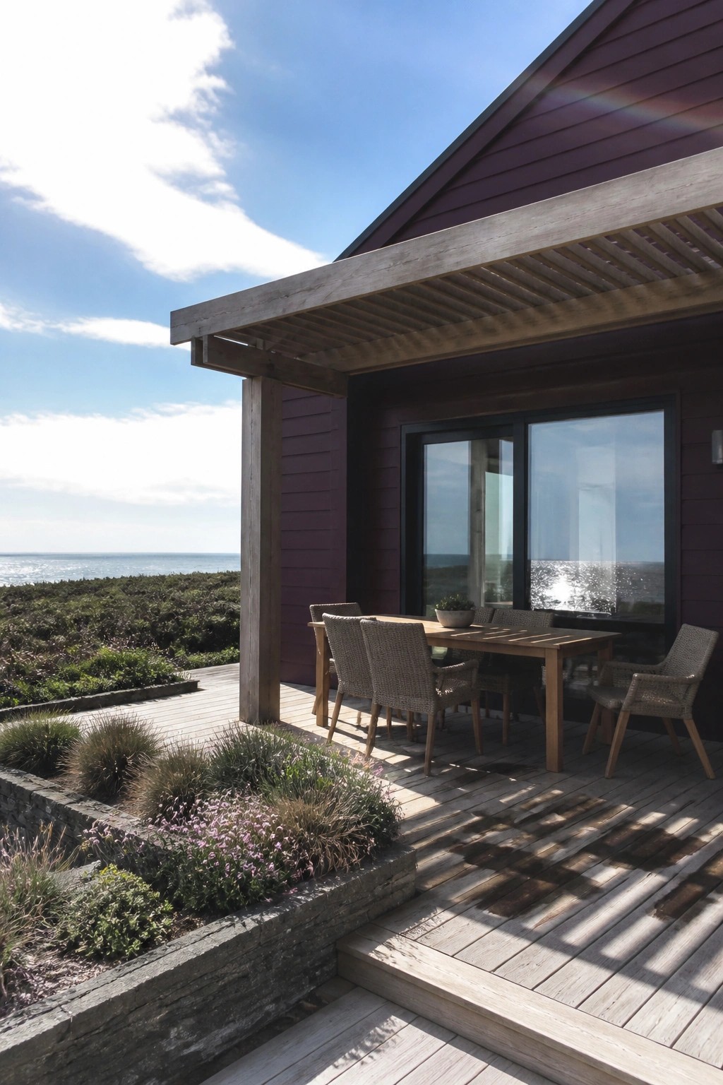 A wooden deck with a dining table and woven chairs under a pergola attached to a house with deep purple siding, next to a stone planter and overlooking the ocean.