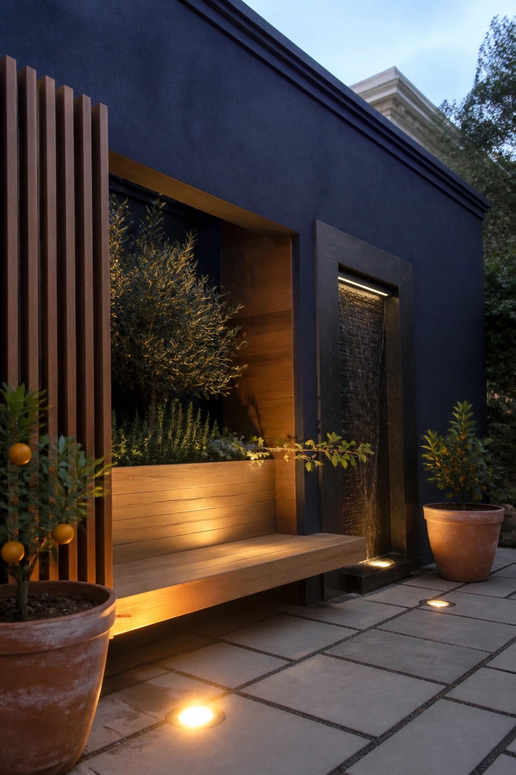 Contemporary patio with wooden bench, lit waterfall, and potted citrus trees at dusk