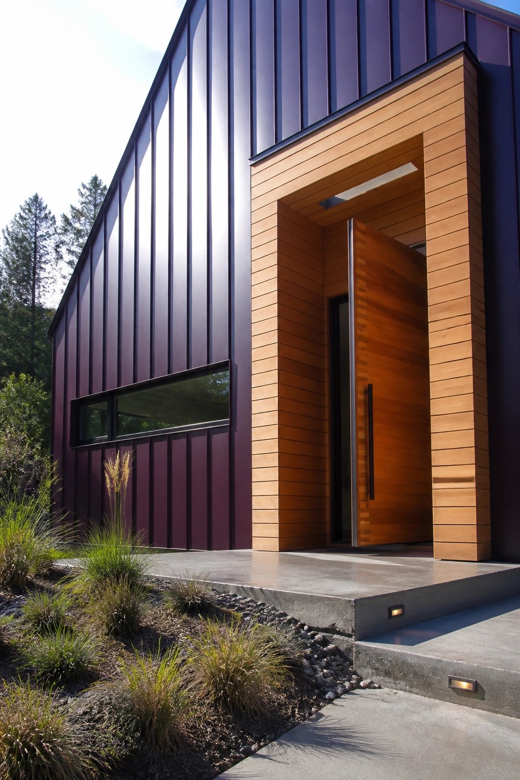 Modern purple house with wooden door, concrete steps, and landscaped entry.