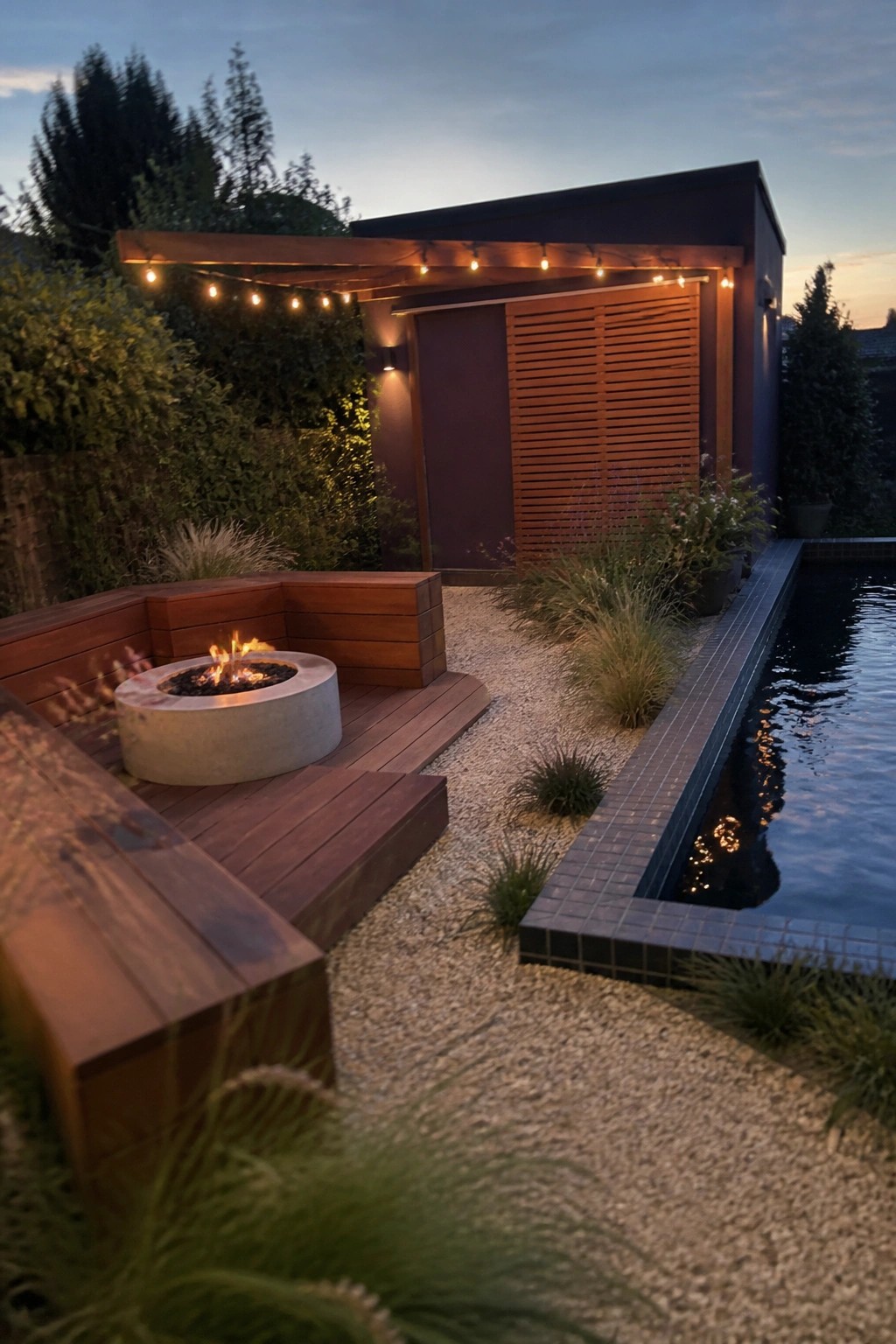 Modern backyard at dusk with fire pit, pool, wooden deck and string lights