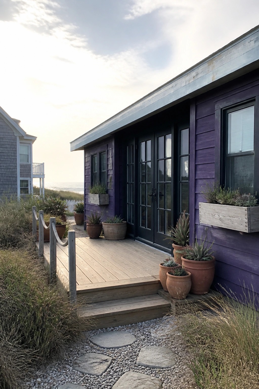 A deep purple house exterior with black-framed doors and windows, a light wood deck, terracotta pots, and a gravel path with stepping stones.