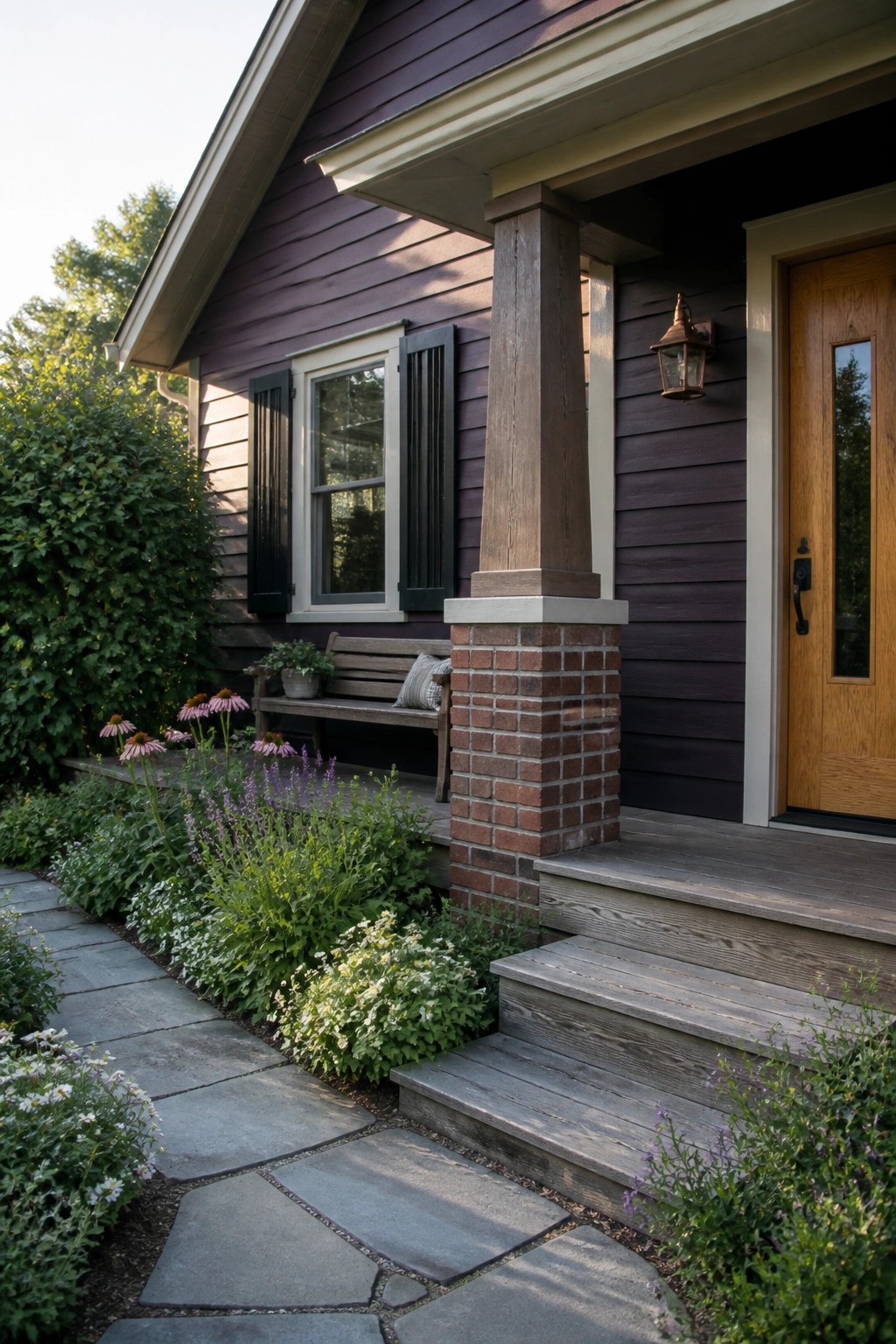 Purple house porch with brick pillar, wooden steps, bench, stone path, and flowers.