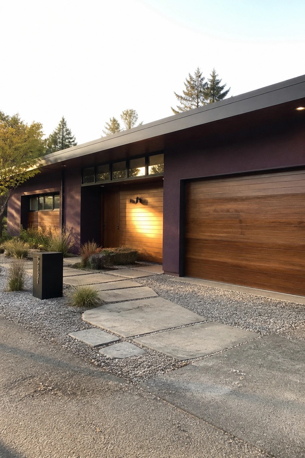 Modern house exterior with deep purple siding, horizontal wood garage doors, and a concrete pathway leading to the entrance.