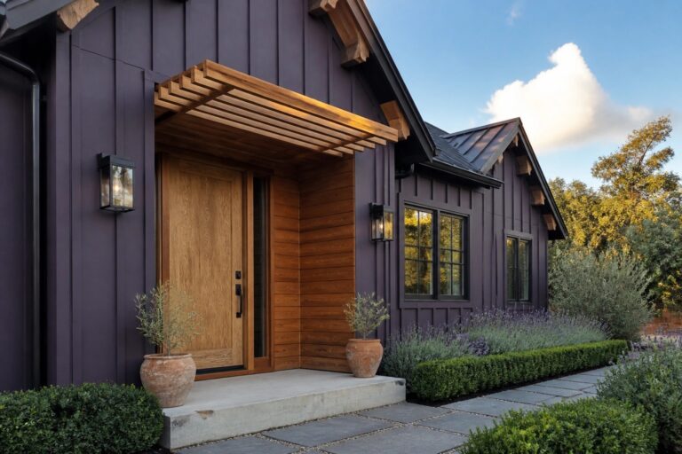 21 Sophisticated Deep Purple House Exteriors Featuring Natural Wood Accents A front view of a house with deep purple siding, natural wood trim around the entry door, two windows, potted plants on the concrete step, and a stone pathway.