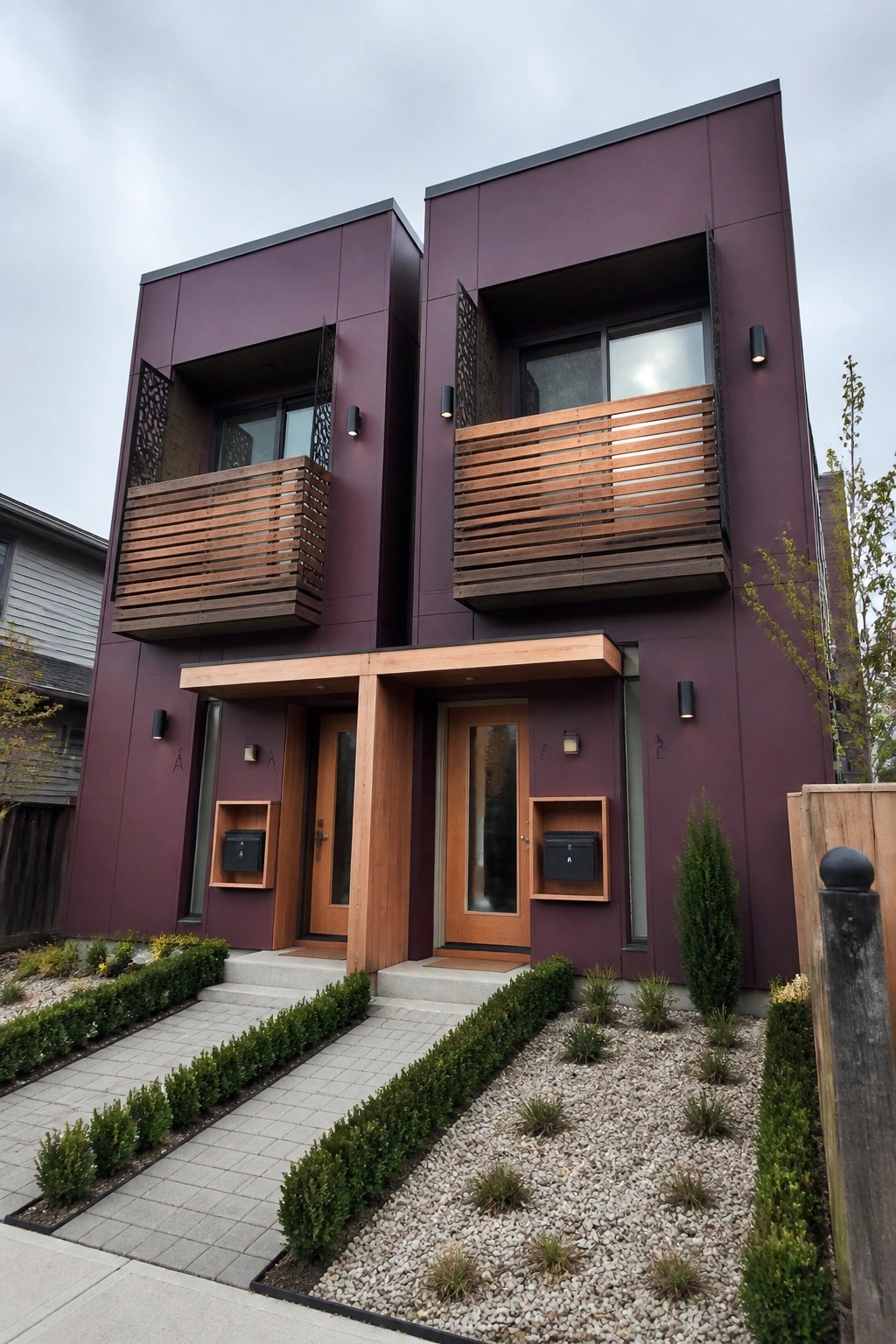 Modern purple duplex with wooden balconies, doors, and landscaped gravel yard.