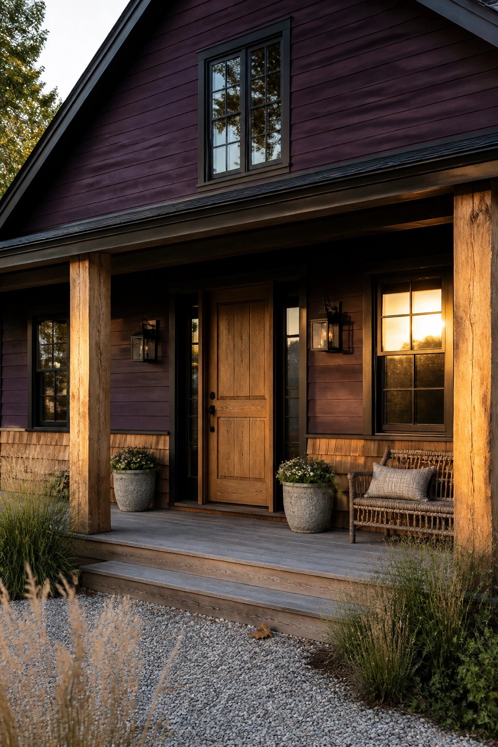 A house exterior with deep purple horizontal siding, a wooden front door, wooden porch posts, and a covered entry with windows.