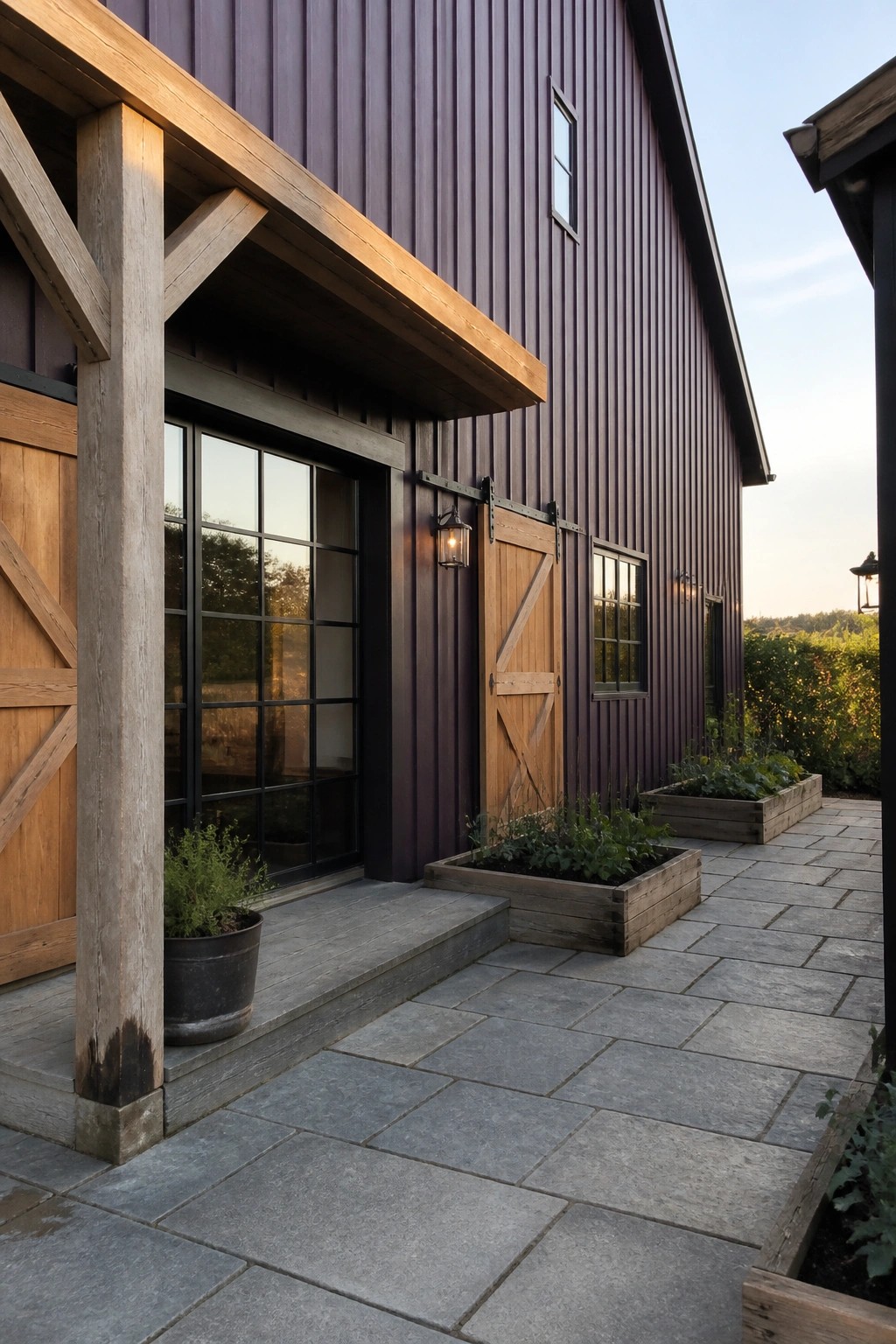 A deep purple barn-style house exterior with natural wood sliding doors, exposed beams, black-framed windows, and stone pavers leading to the entry.