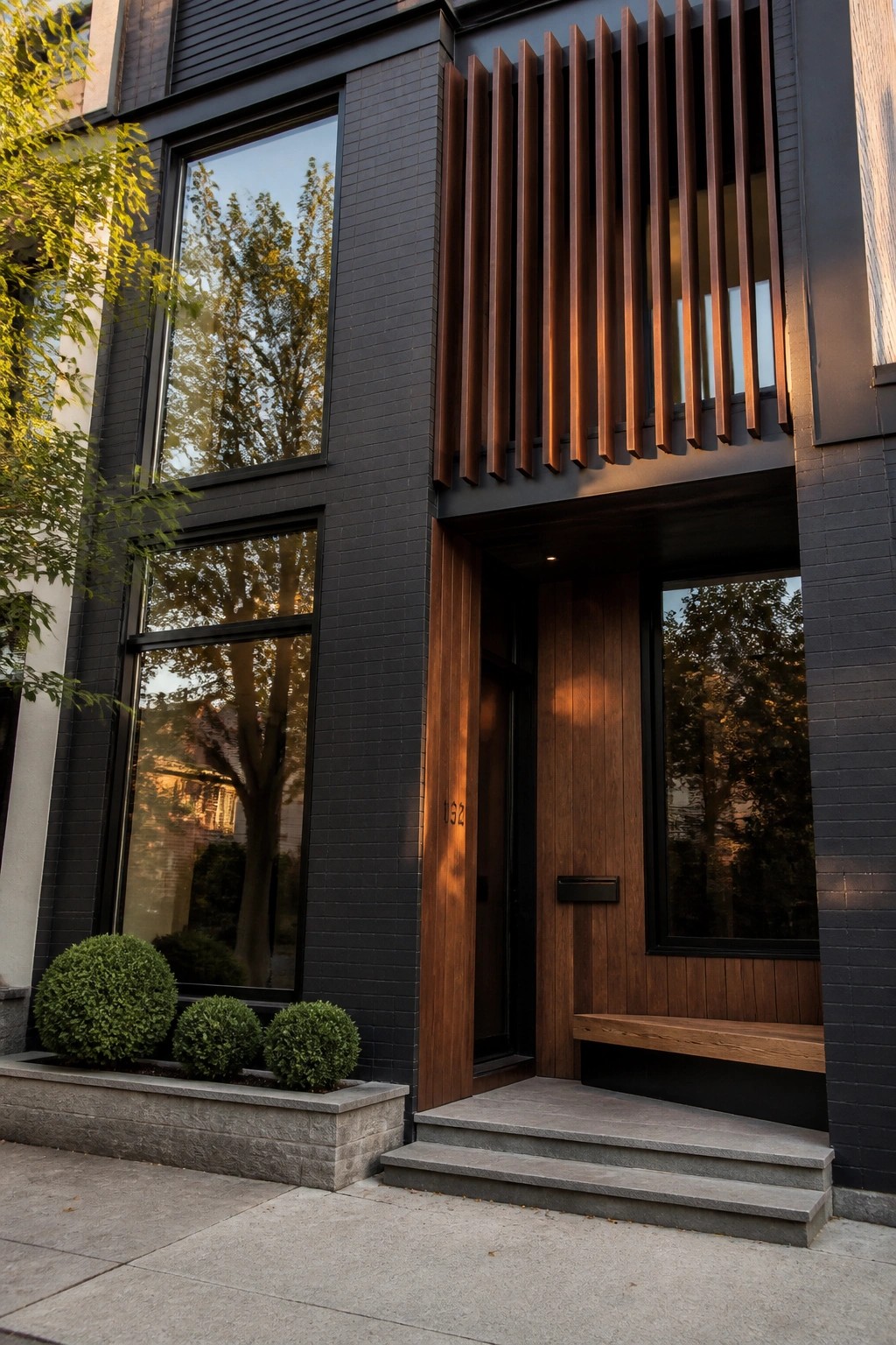 Dark brick modern building entrance with wooden door, slats, windows, steps and bench.