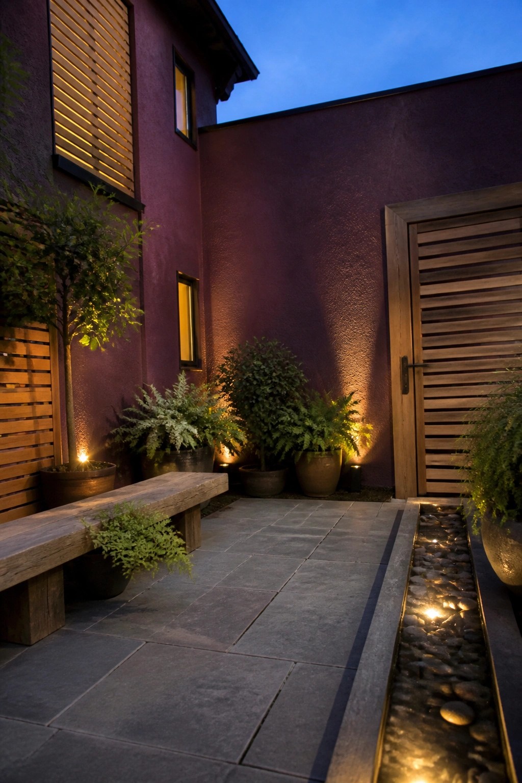 A dusk courtyard beside a deep purple house with a wooden bench, potted ferns, a wooden door, and a lit stone water channel along the paving.