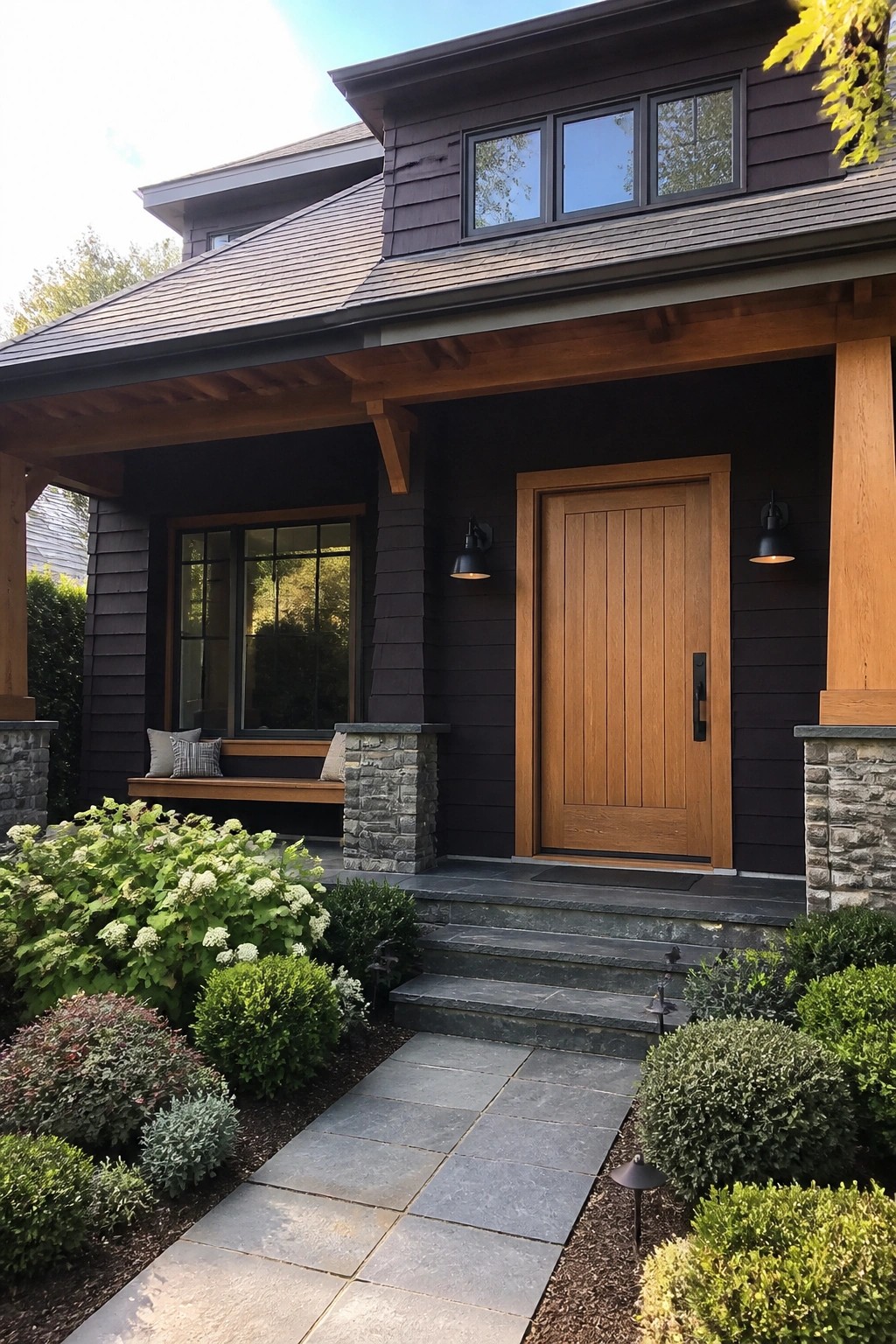 Front view of a dark purple house with a natural wood front door, wood trim, stone pillars, a built-in bench, and stone steps leading to a paved walkway.