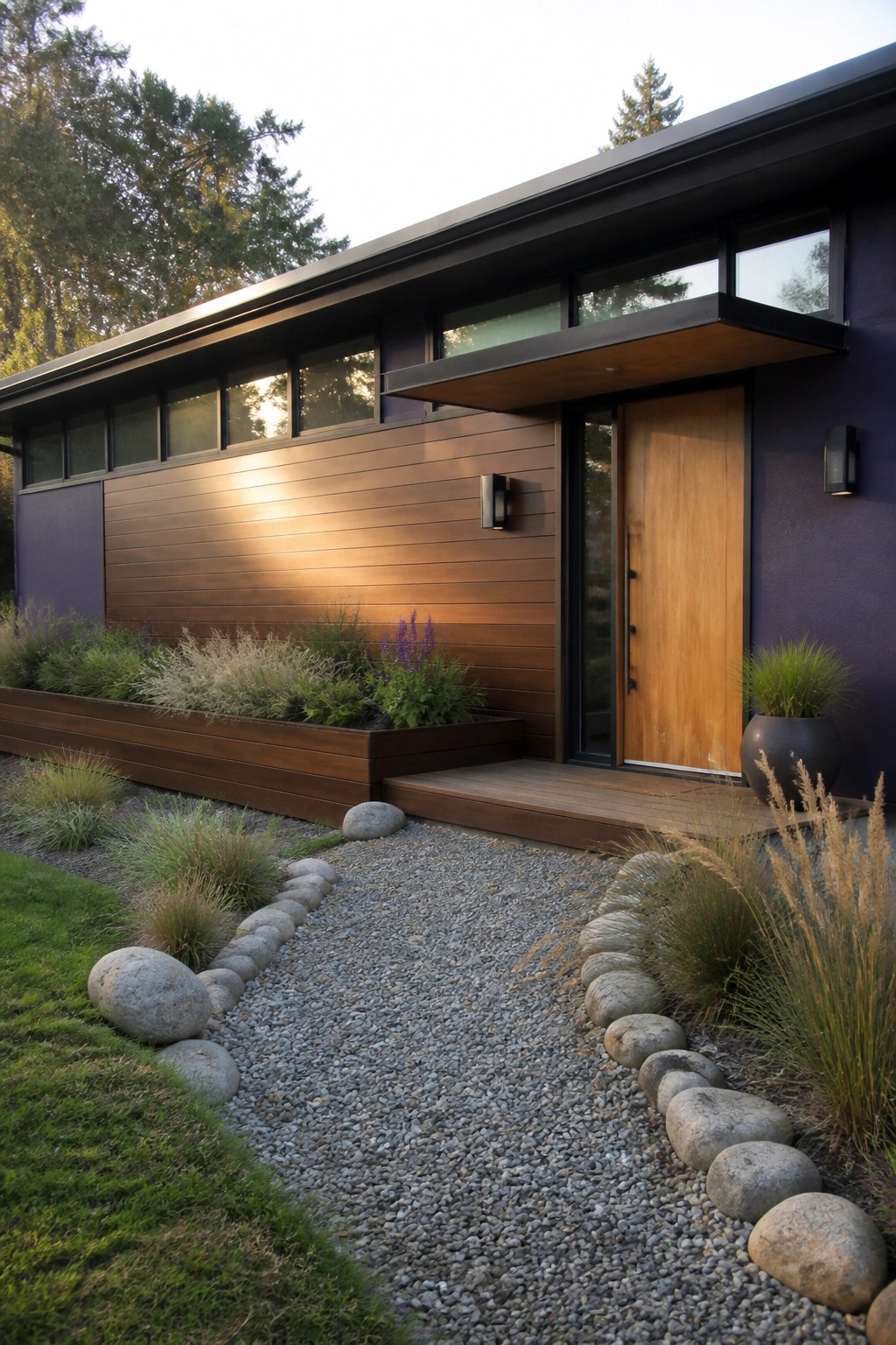 Modern house entrance with wooden door, purple wall, and stone-lined gravel path