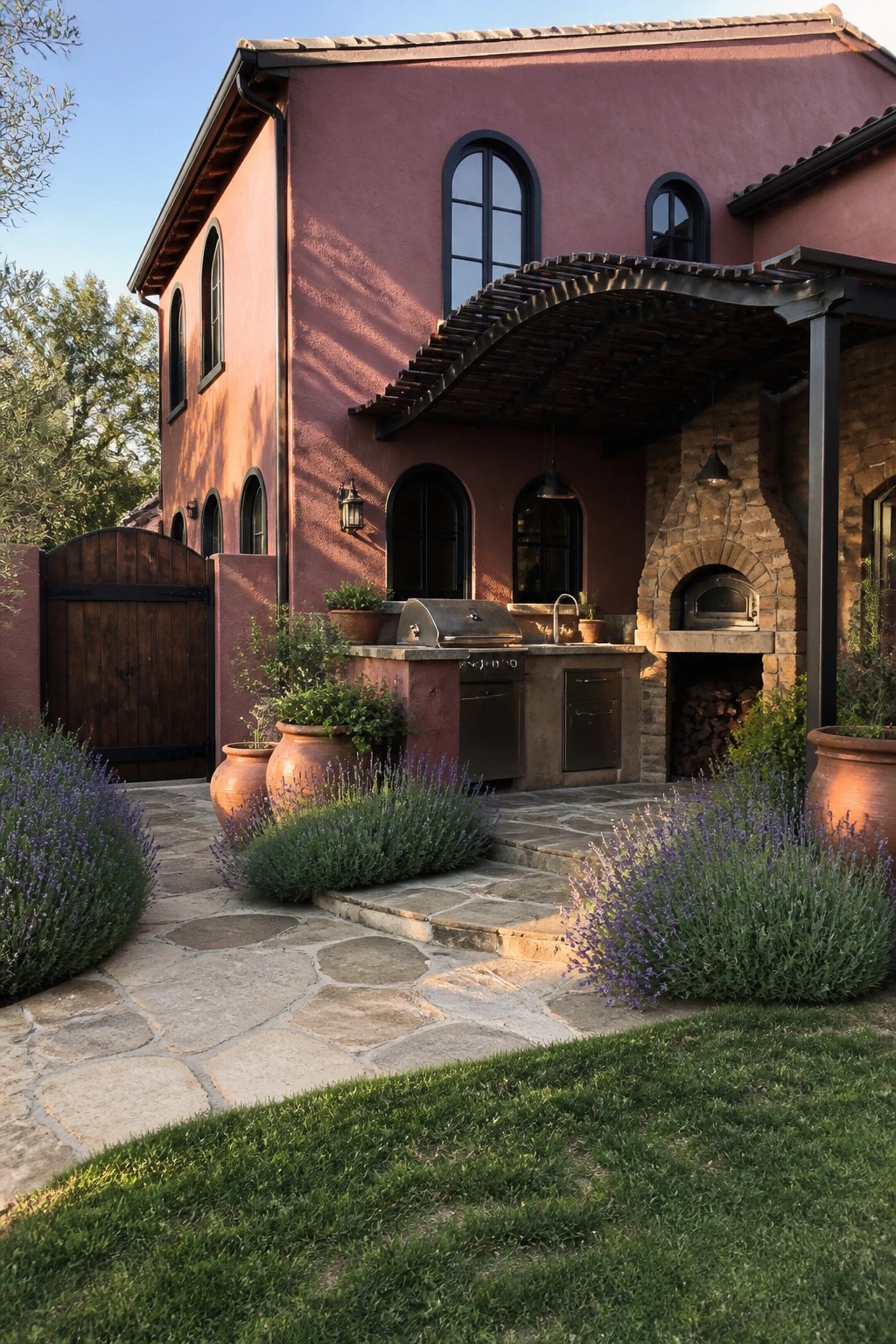A two-story maroon stucco house exterior with matte black arched windows, an attached covered outdoor kitchen with stone pizza oven and grill, and terracotta pots with lavender along a stone patio.