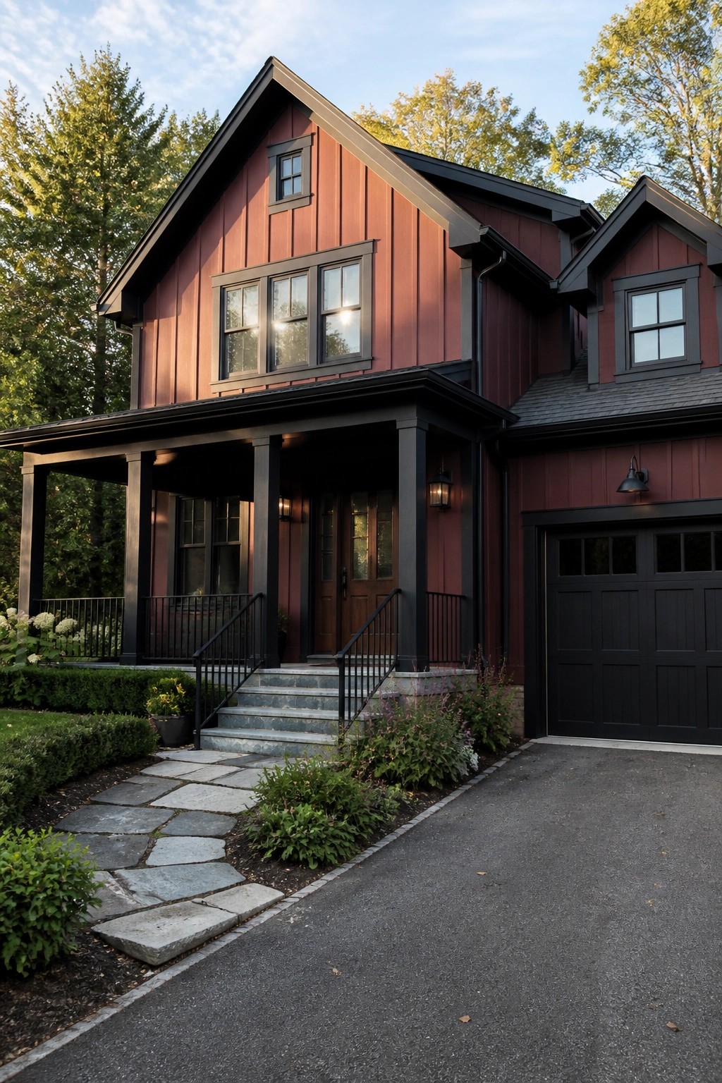 A two-story maroon house with matte black trim on windows, porch columns, railings, and garage door, plus a stone walkway leading to the front steps.