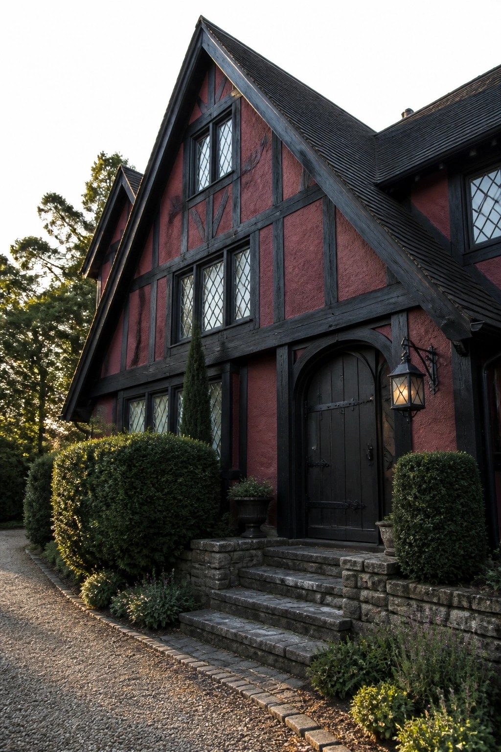 A maroon stucco house with black timber framing, an arched dark wood door, stone steps, and surrounding green shrubs.
