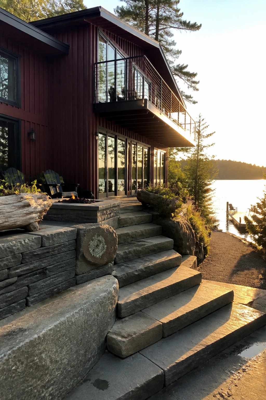 A modern two-story maroon house with matte black trim, large windows, a second-floor balcony, and wide stone steps leading down to a lakeside setting.