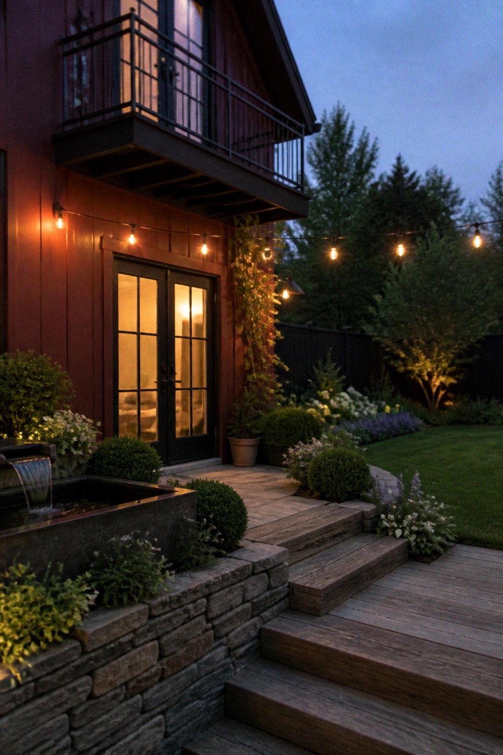 Red house at dusk with glowing doors, string lights, stone stairs, and fountain