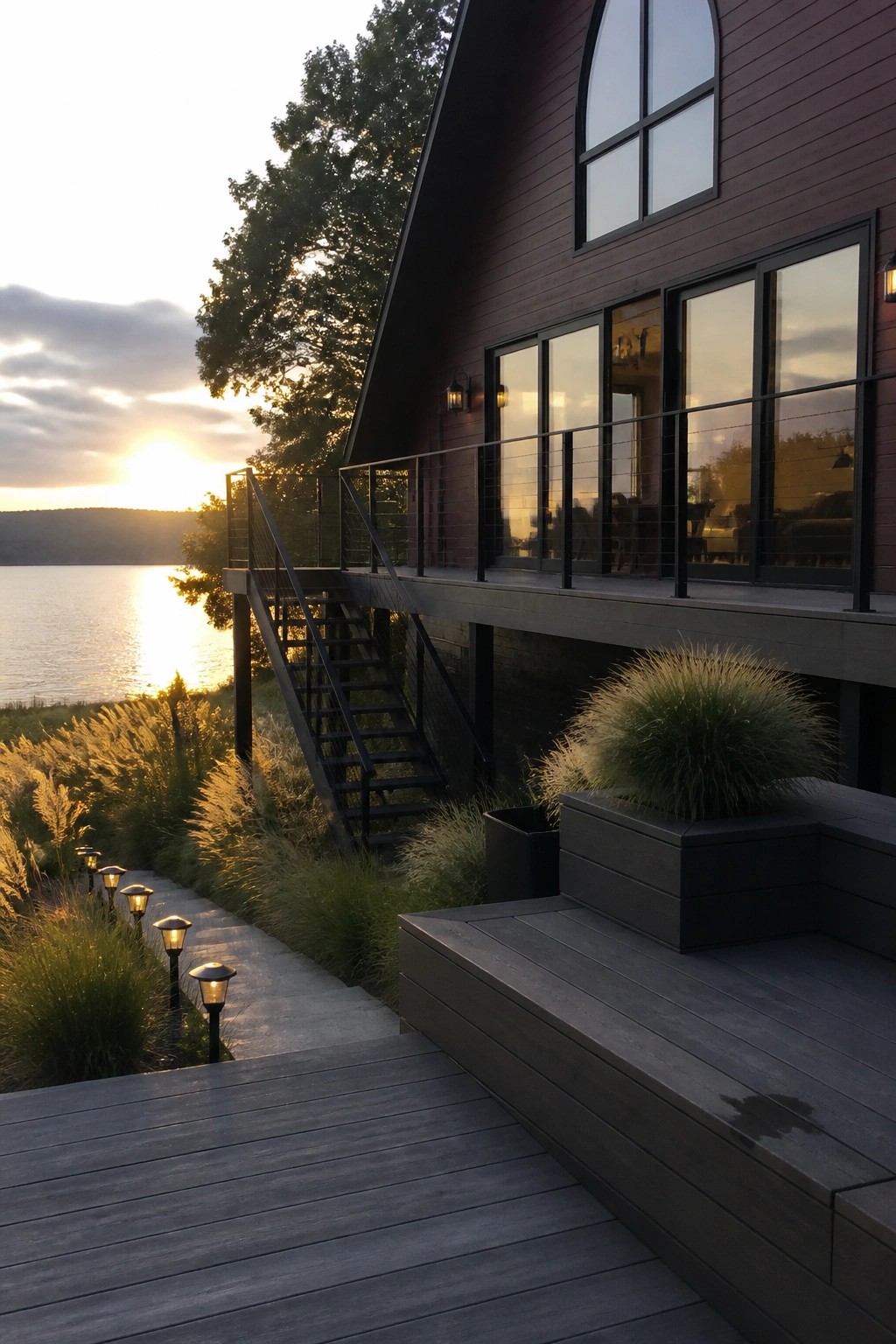 Modern dark wood house with large windows and deck overlooking lake at sunset