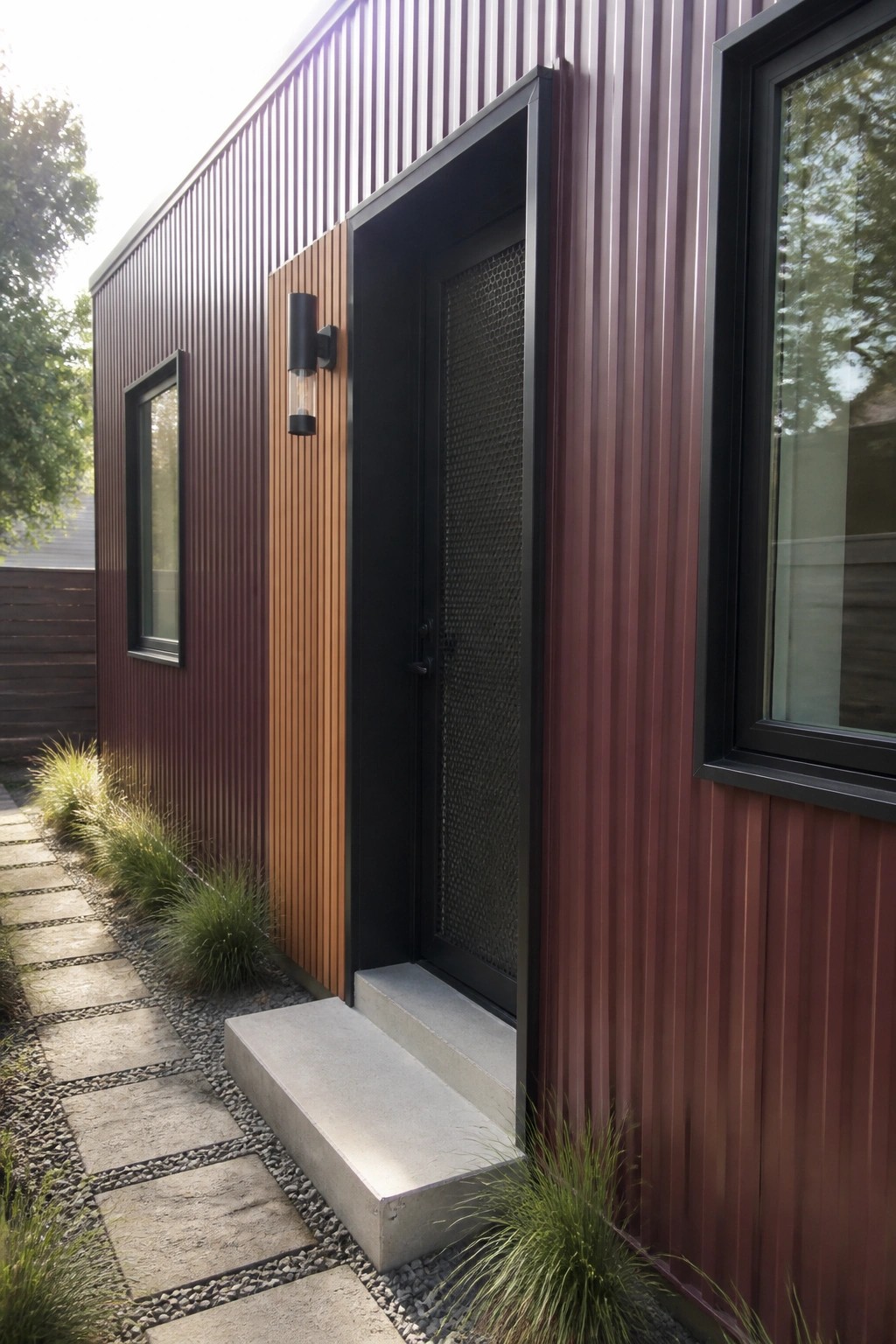 A maroon corrugated metal house exterior with a black-framed door featuring a mesh screen, black window trim, and a vertical wood accent panel next to concrete steps.