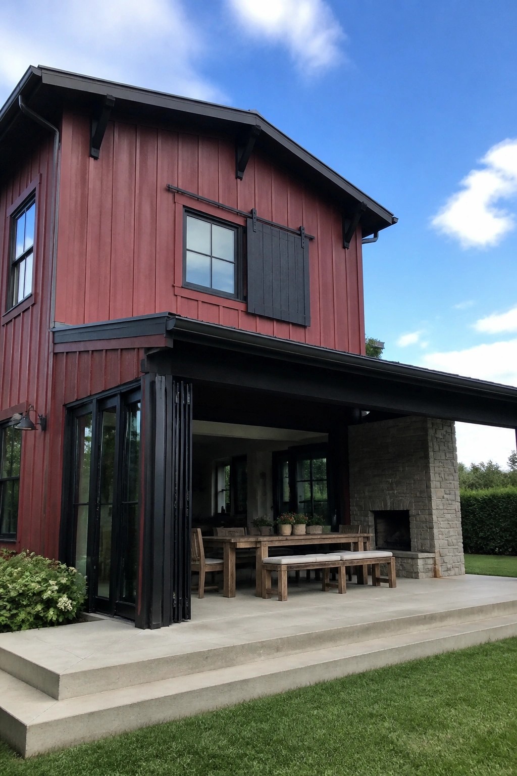 Red two-story house with black trim, open patio, wooden table and stone fireplace
