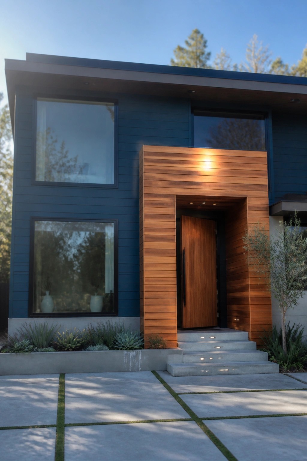 Modern blue house with wooden entry, concrete steps, large windows, and paver patio