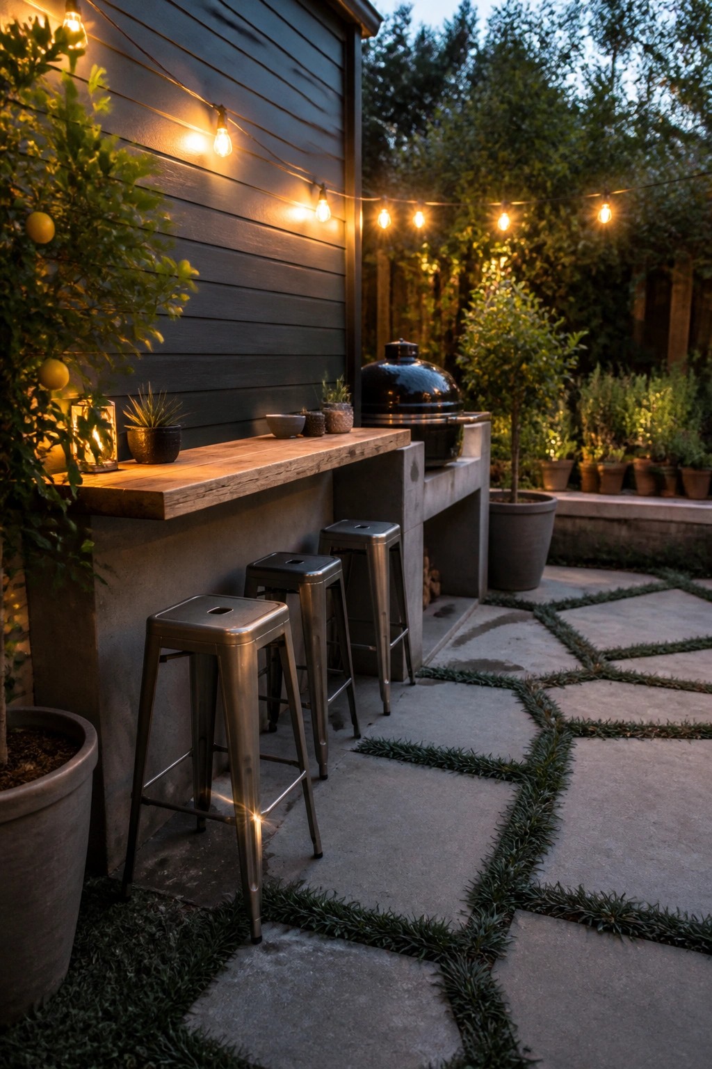 Outdoor bar counter with metal stools against dark teal lap siding, string lights overhead, and potted plants on a concrete patio.