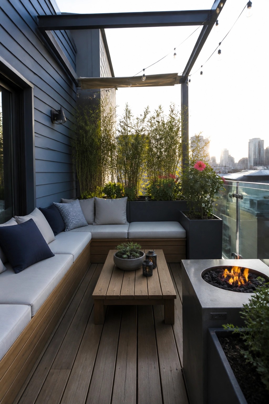 A rooftop deck with L-shaped built-in seating against dark blue lap siding, a wooden coffee table, metal fire pit, and potted plants overlooking a city skyline.