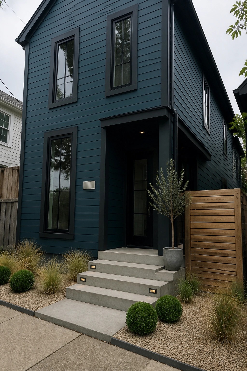 Modern dark blue house with black trim, door, lit concrete steps, and landscaping.