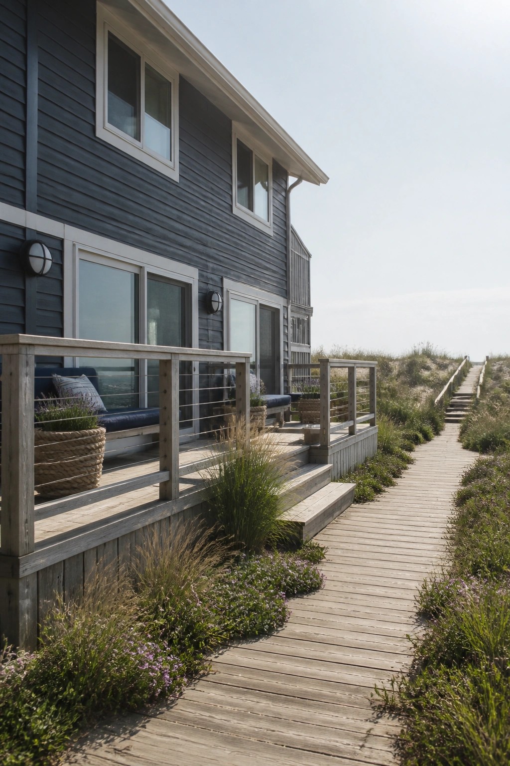 A two-story house clad in dark blue-green lap siding with a wooden deck and railing next to a boardwalk through coastal dunes.