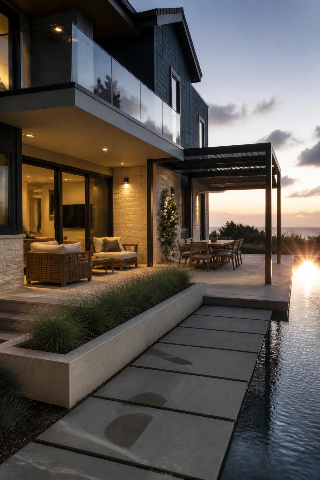 A modern two-story house with deep blue-green lap siding, stone lower walls, large glass doors, and an outdoor patio with seating next to a pool at sunset.