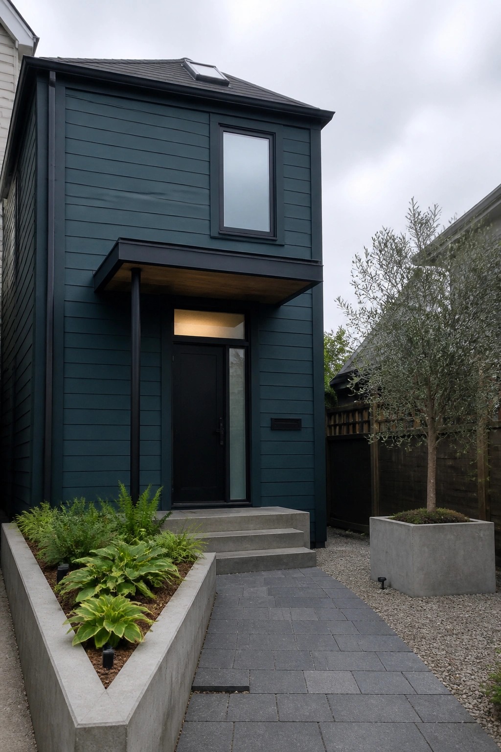 A narrow two-story house clad in dark teal horizontal lap siding with a black front door under a cantilevered overhang and concrete planters beside the paved walkway.