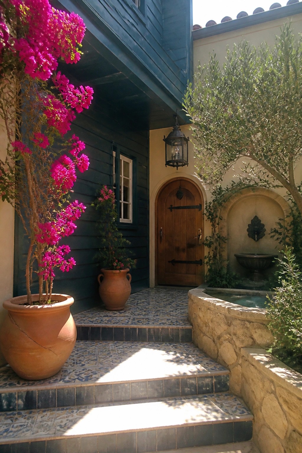 A house exterior features deep teal lap siding beside a wooden arched door, with tiled steps, a hanging lantern, and large terracotta pots holding pink flowers.