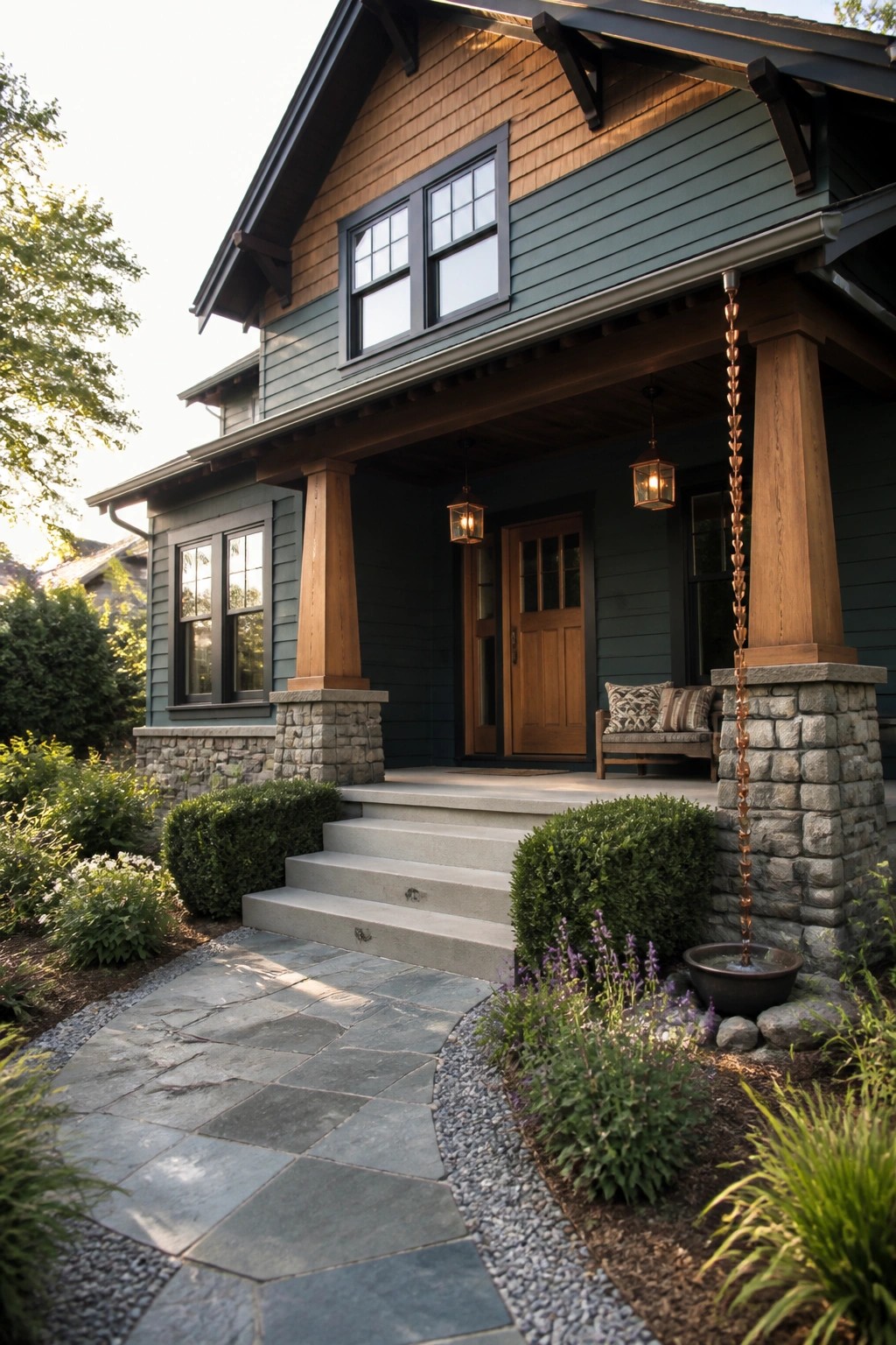 A house exterior featuring deep teal lap siding, wooden porch columns on stone bases, a wooden front door, and concrete steps leading to a covered entry.