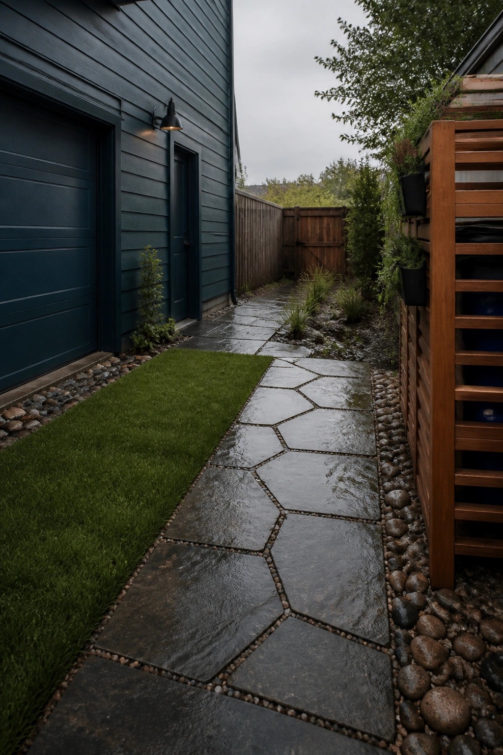 Wet stone pathway beside dark teal house, wooden fence, and pebble borders