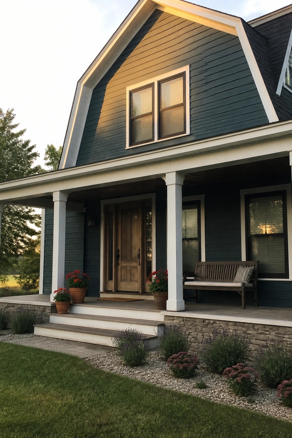Front view of a house with deep blue-green lap siding on the gable and walls, white porch columns, a wooden front door, and a bench on the porch.