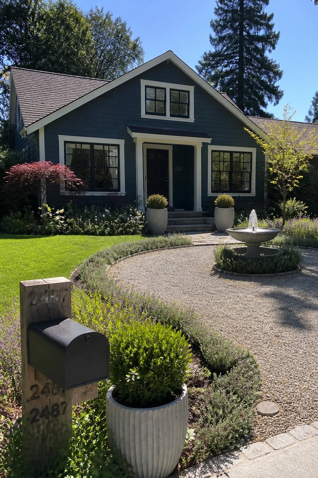 Dark blue house with white trim, gravel driveway, fountain, and mailbox 2487.
