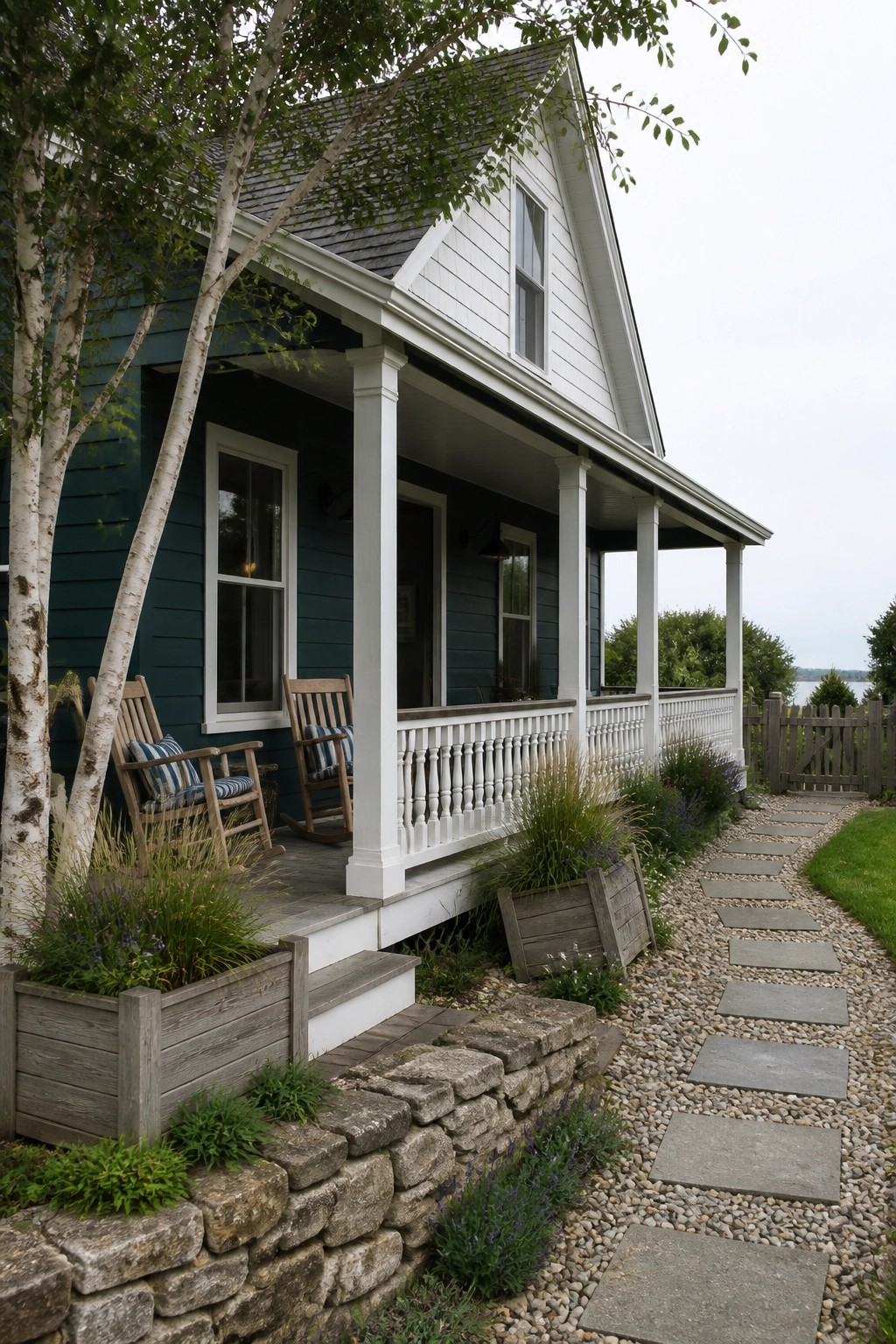 A house with deep teal lap siding, white trim, and a covered porch with rocking chairs, seen from a gravel and stone path.