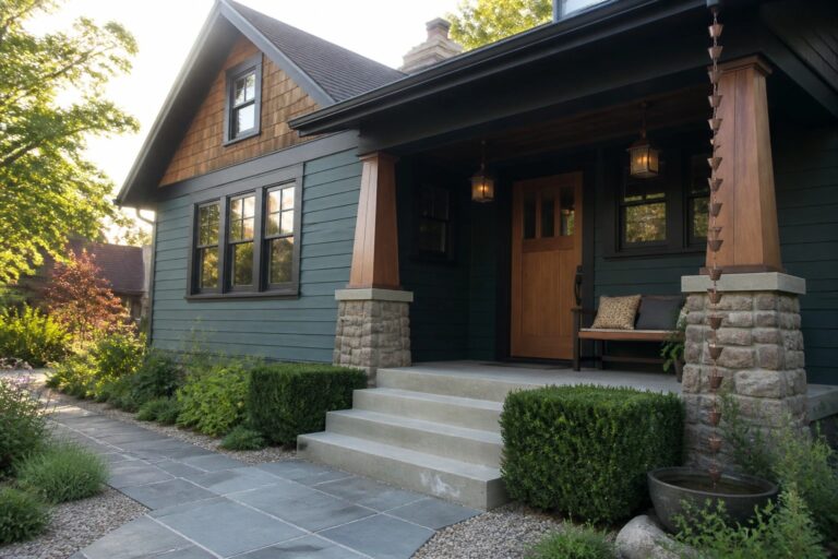 A house exterior featuring deep teal lap siding, wooden porch columns on stone bases, a wooden front door, and concrete steps leading to a covered entry.