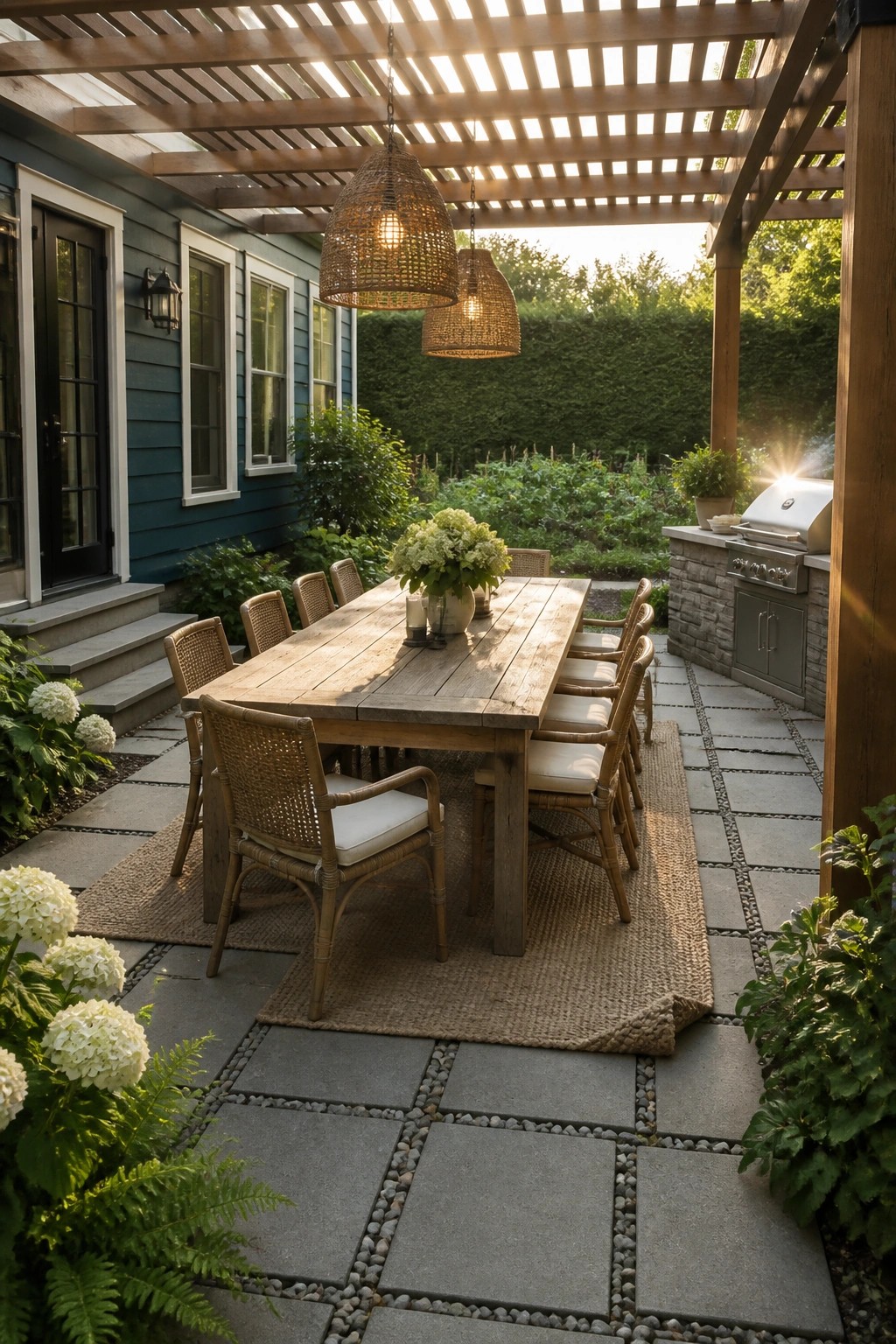 A long wooden dining table with woven chairs sits under a slatted pergola attached to a teal house, with an outdoor kitchen visible on the right.